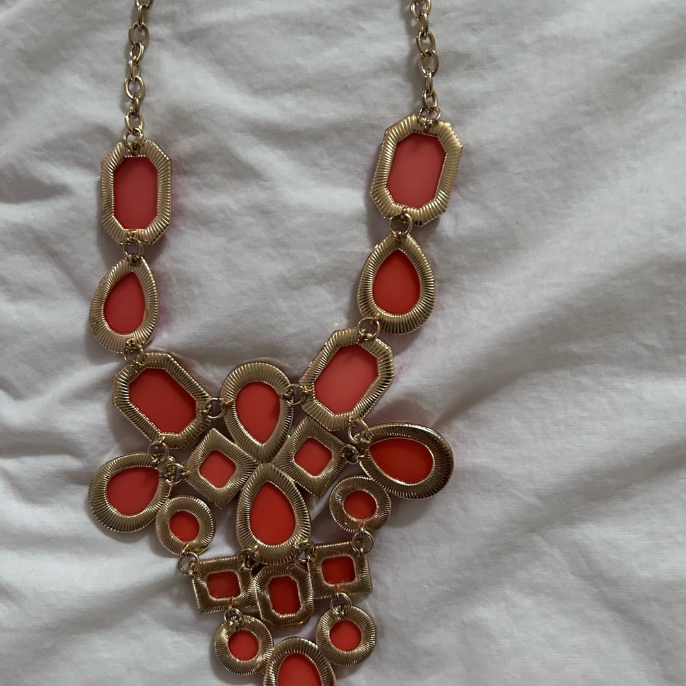 Gold and Coral retro Statement bib Necklace